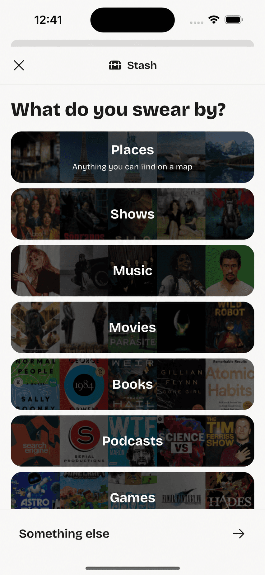 The gotta Stash category picker for Places, Shows, Music, Movies, Books, Podcasts, and Games
